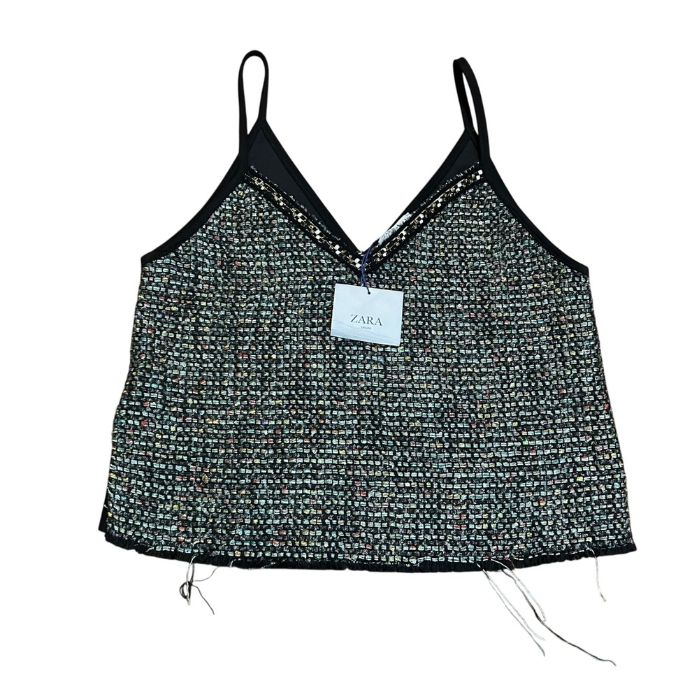 Zara Basic Tweed Crop Top Sleeveless‎ V Neck Black Multicolor Party